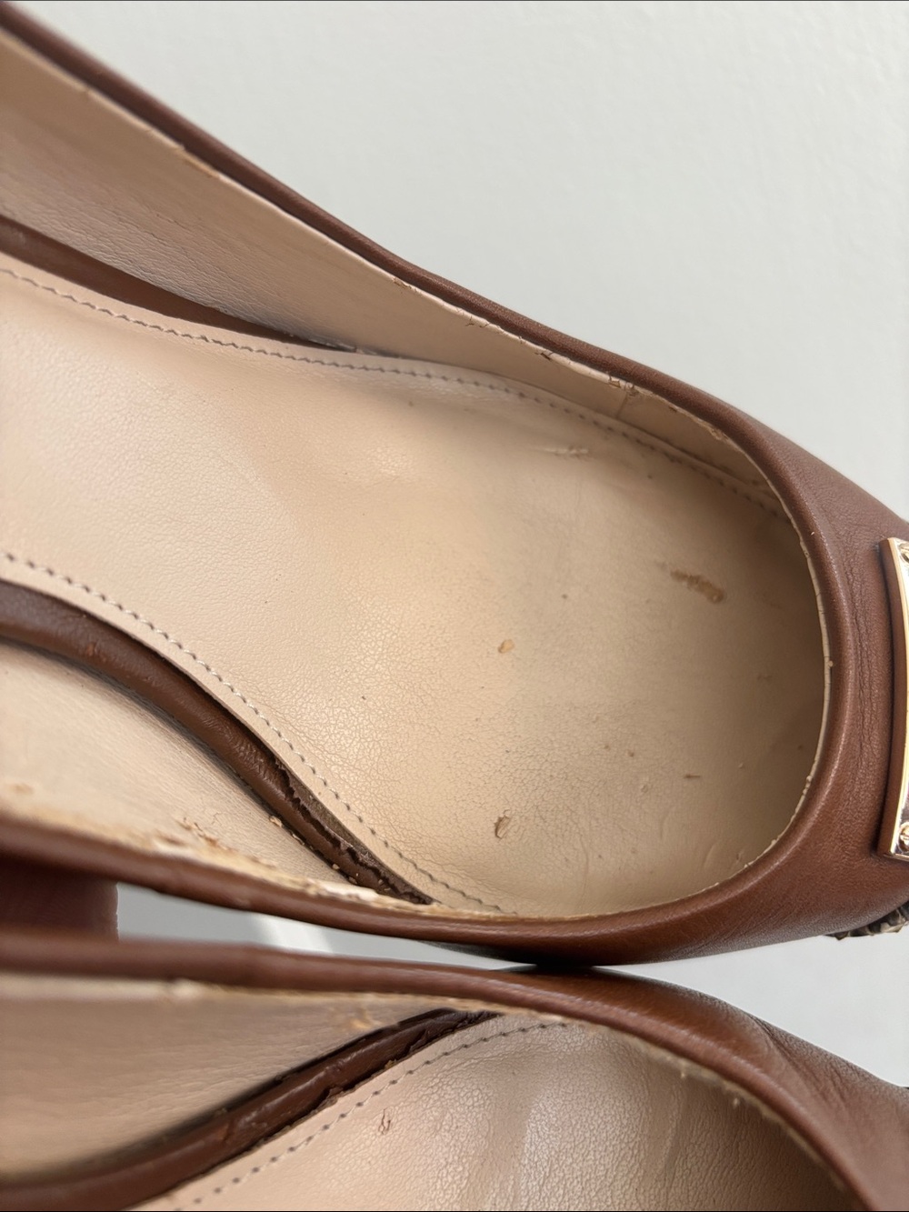 COACH Brown Leather Pointed Toe Flats with Patterned Toe and Gold Plaque - Picture 8 of 16